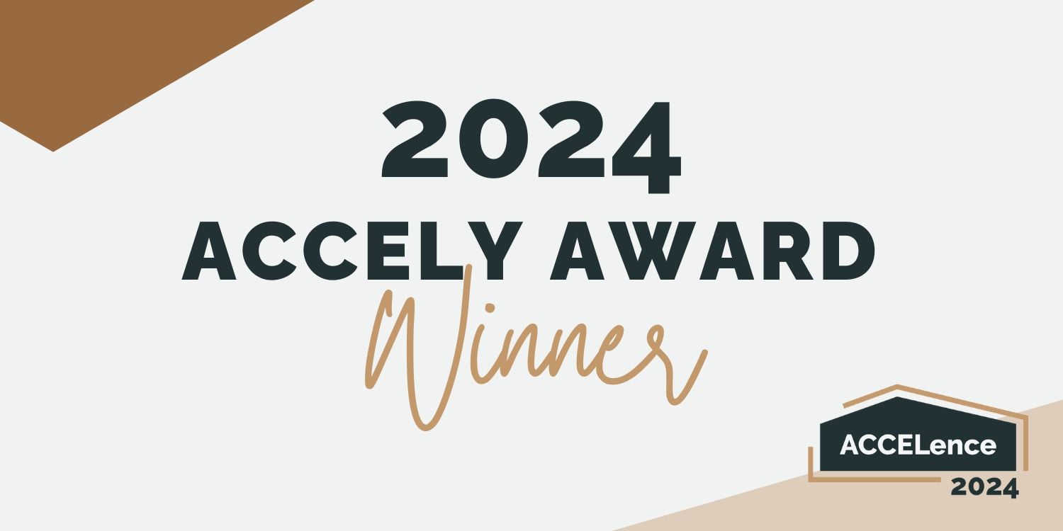 Graphic announcing 2024 Accely Award winner with ACCELence logo.