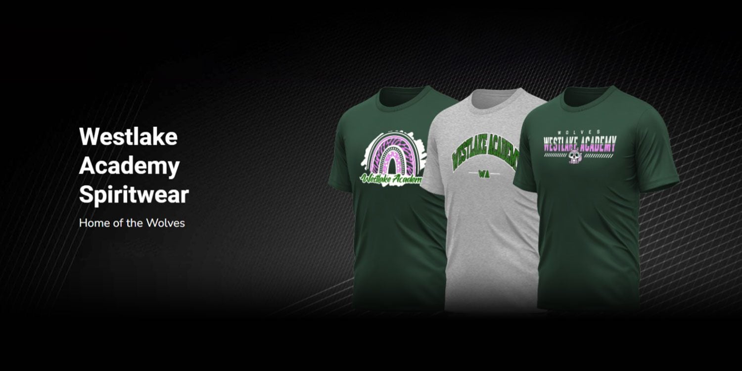 Three spiritwear t-shirts with various designs on a dark background.