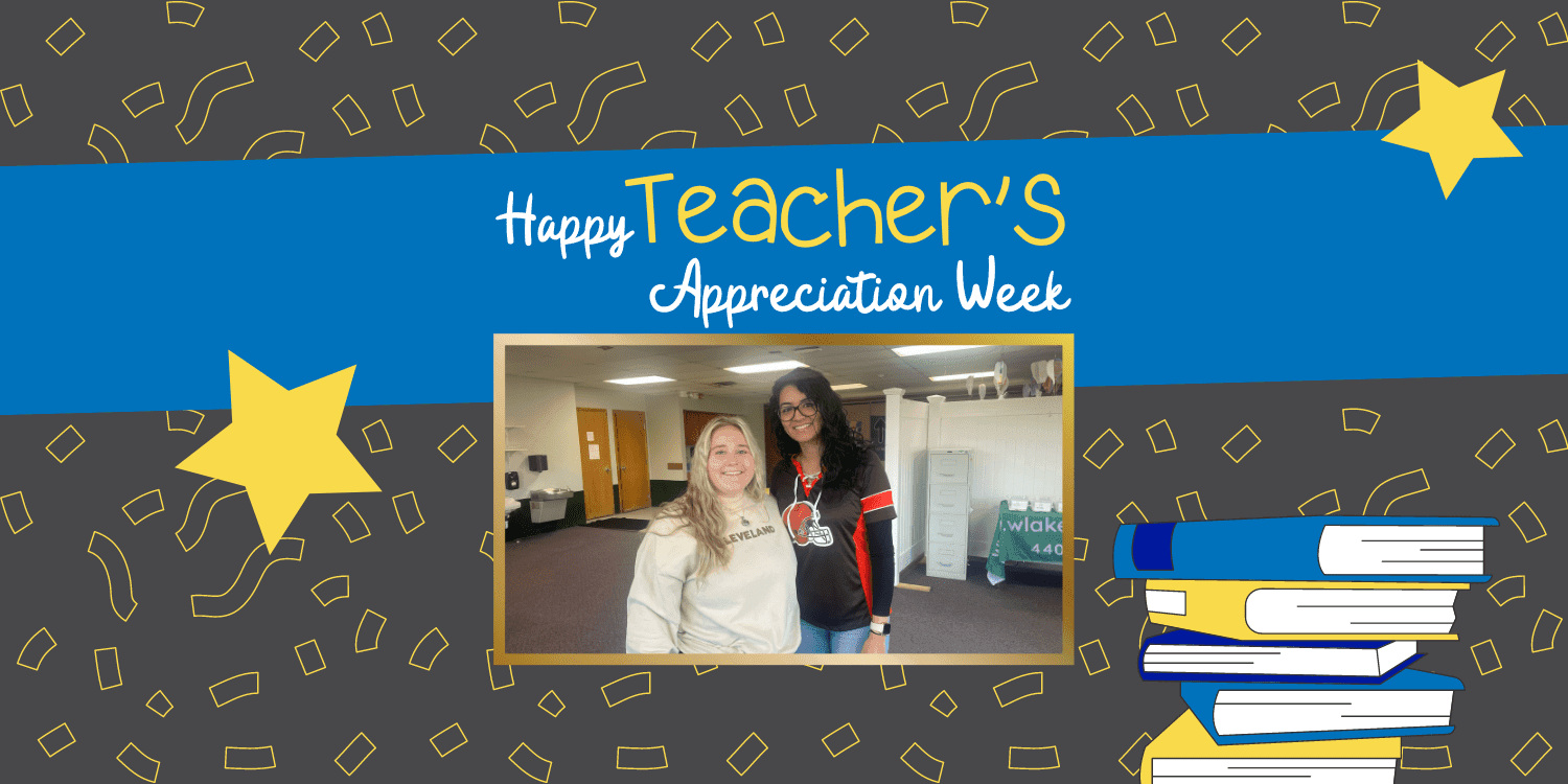 Two adults smiling for Teacher Appreciation Week with stars and books.